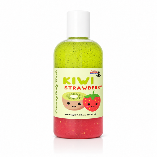 A bottle of Cream Body Wash in Kiwi Strawberry scent, featuring a two-tone green and red glittery liquid inside a clear bottle with a white cap and a colorful label.