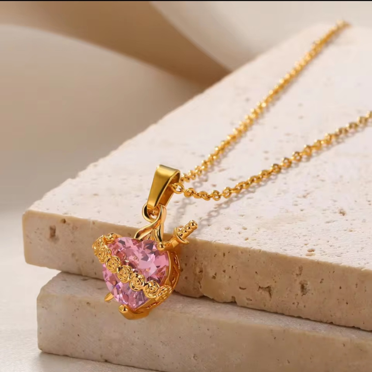 Sacred Heart of Ezili Freda Necklace – Gold Sword Through Heart Pendant with Roses