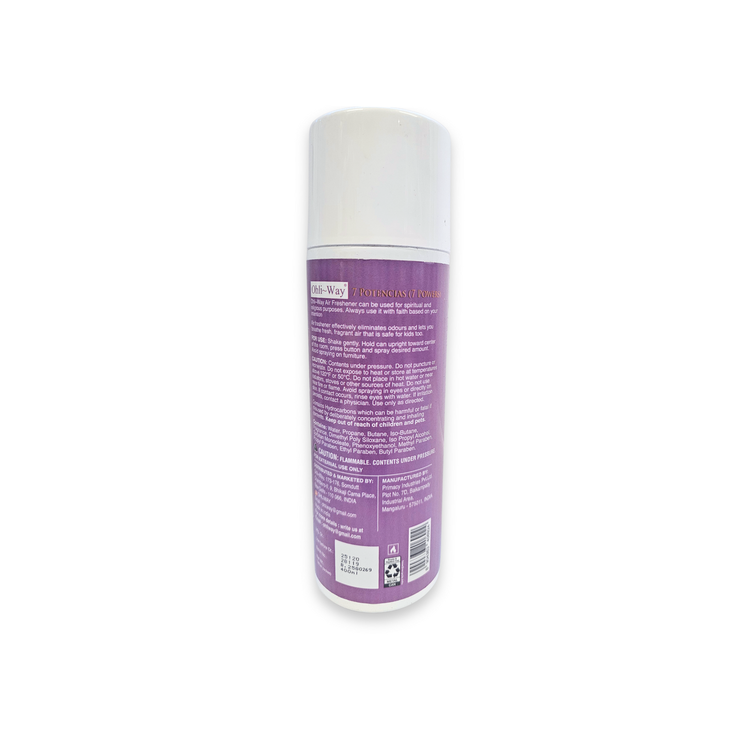 Purple spray can with a white label on a white background
