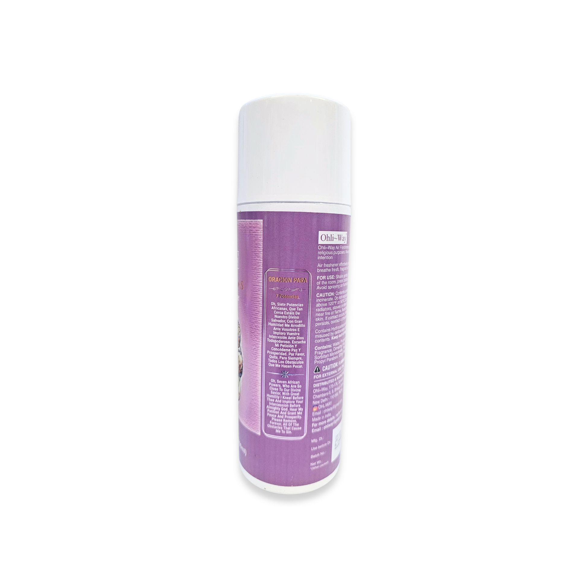 Purple spray can with white cap on a white background