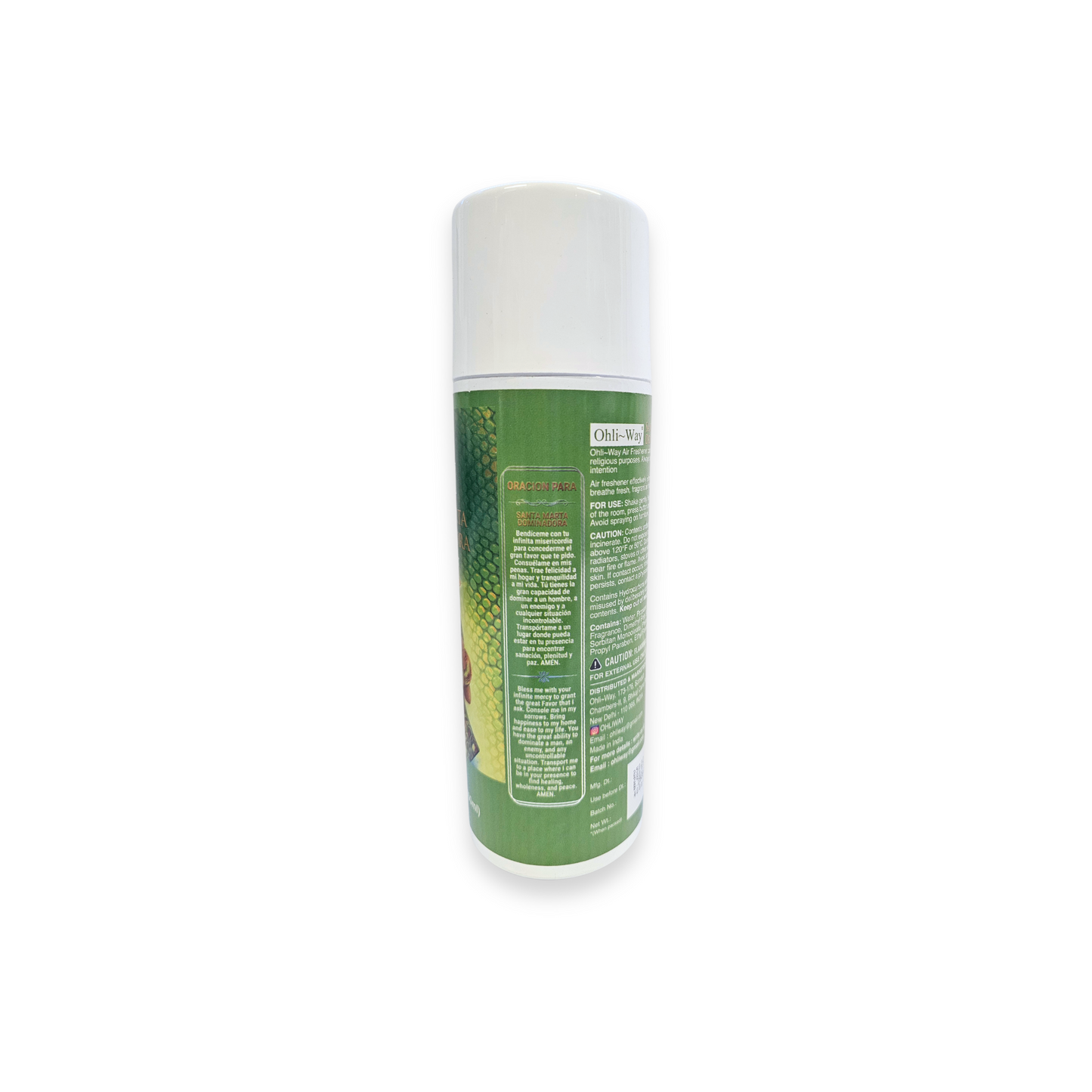 Green and white aerosol can on a white background
