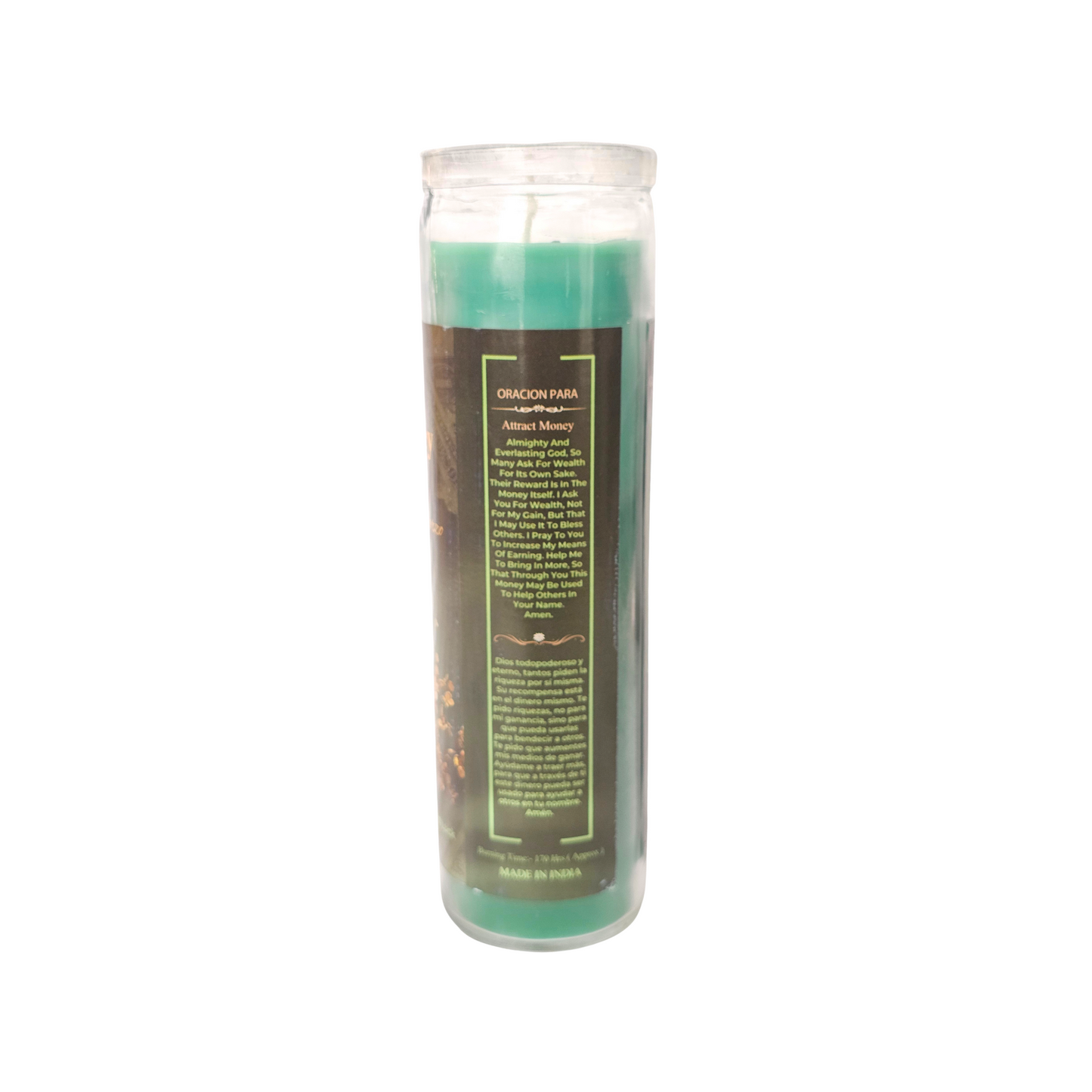 Green candle with a label on a white background