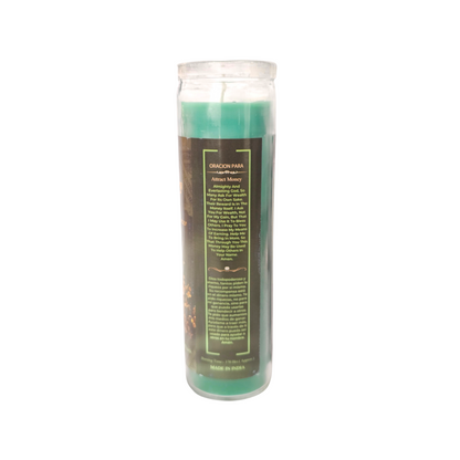 Green candle with a label on a white background