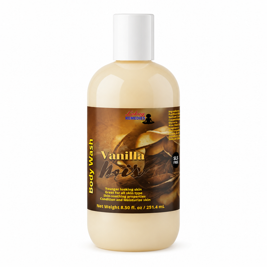 A bottle of Vanilla Noir Body Wash by Lakay Remedies, featuring a white cap and a brown label with vanilla bean imagery, set against a plain white background.