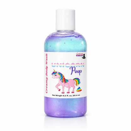 A bottle of 'Unicorn Poop' creamy body wash featuring a white cap and a white label with a colorful pink unicorn illustration and rainbow accents, set against a plain white background.