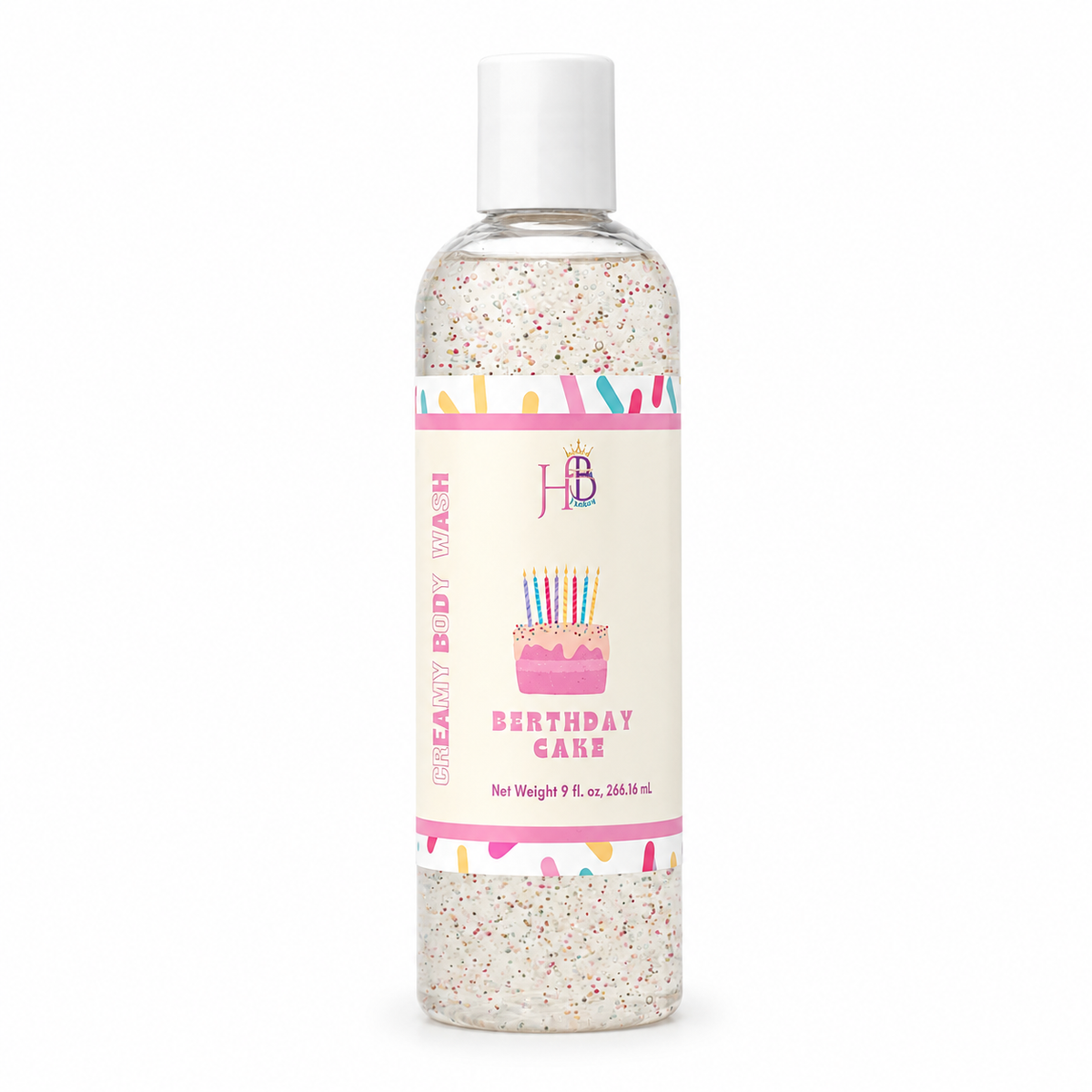 A bottle of Birthday Care Beauty Body Wash with a white cap and a cream-colored label featuring a pink birthday cake illustration and colorful confetti borders.