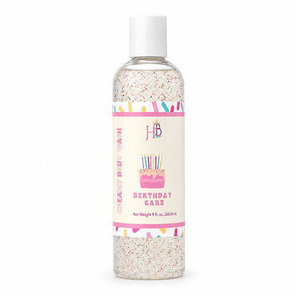A bottle of Birthday Care Beauty Body Wash with a white cap and a cream-colored label featuring a pink birthday cake illustration and colorful confetti borders.
