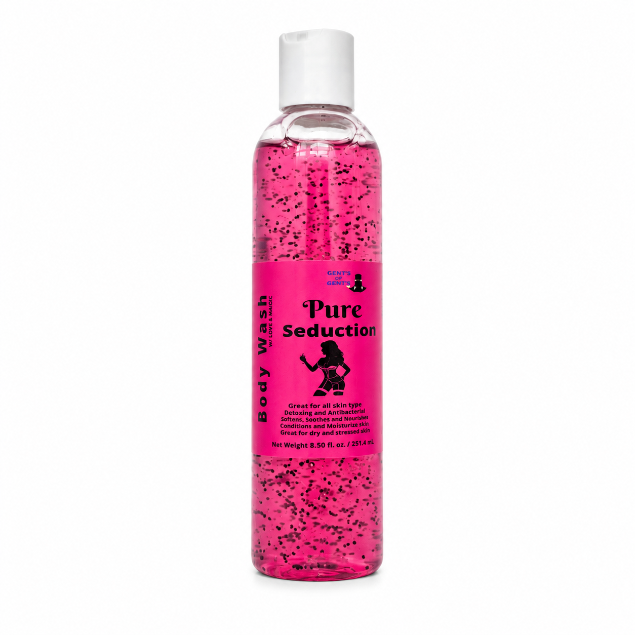 A clear plastic bottle of body wash filled with bright pink liquid and black beads, featuring a white cap and a pink label that reads 'Pure Seduction' and 'Body Wash'.