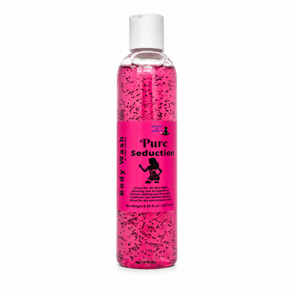A clear plastic bottle of body wash filled with bright pink liquid and black beads, featuring a white cap and a pink label that reads 'Pure Seduction' and 'Body Wash'.