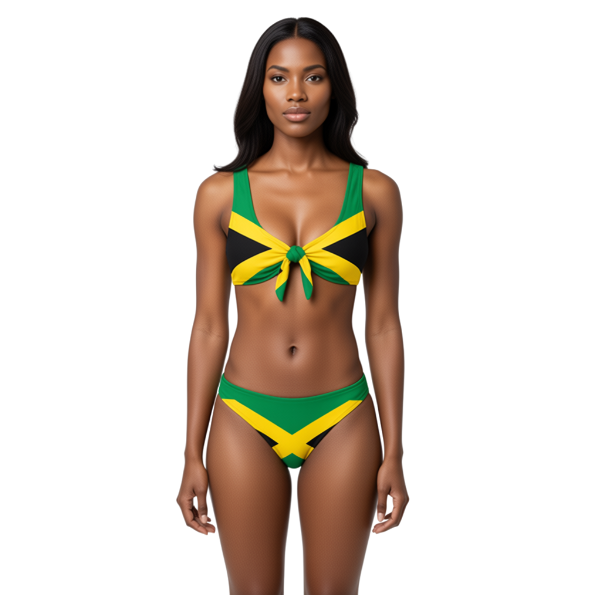 Woman wearing a bikini with Jamaica flag design on a white background