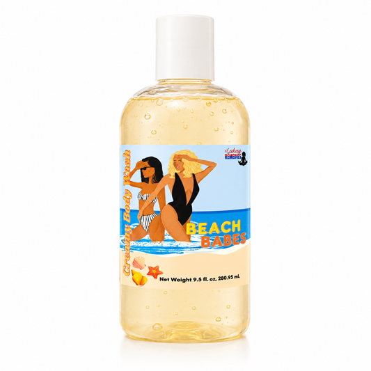 A clear plastic bottle of Beach Babes body wash with a white cap, filled with a pale yellow liquid. The label features a colorful illustration of two women on a beach with the text 'Cream Body Wash' and 'BEACH BABES'.