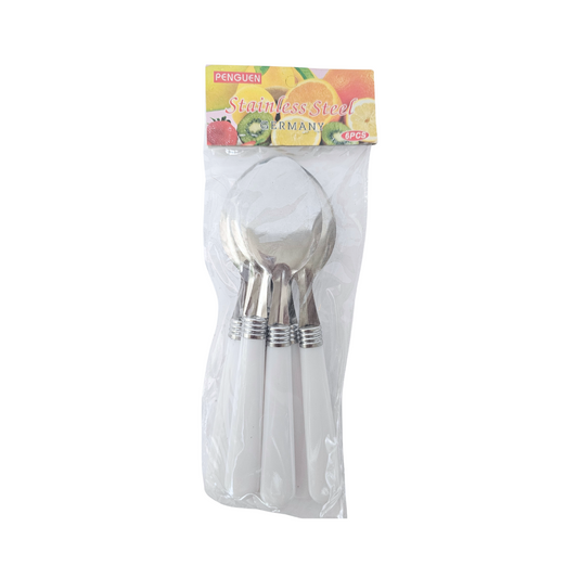 Set of silver spoons in a clear package with  on a white background