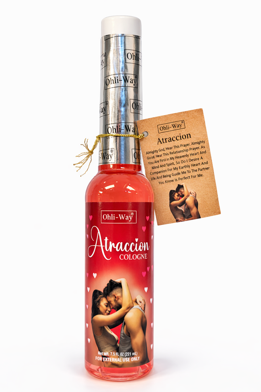Bottle of 'Attraccion' cologne with a label and tag on a white background