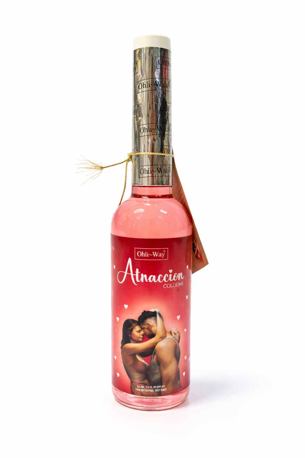 Pink bottle with a label featuring a couple, on a white background
