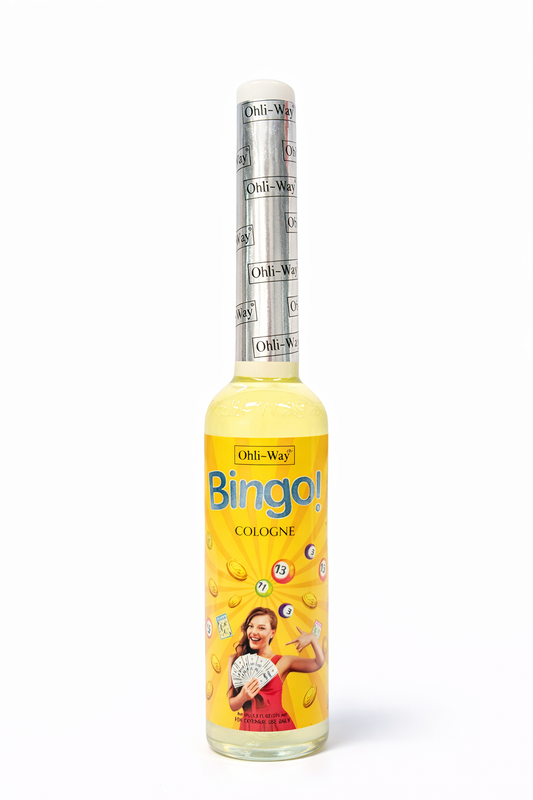 Bottle of Bingo! cologne with a yellow label on a white background