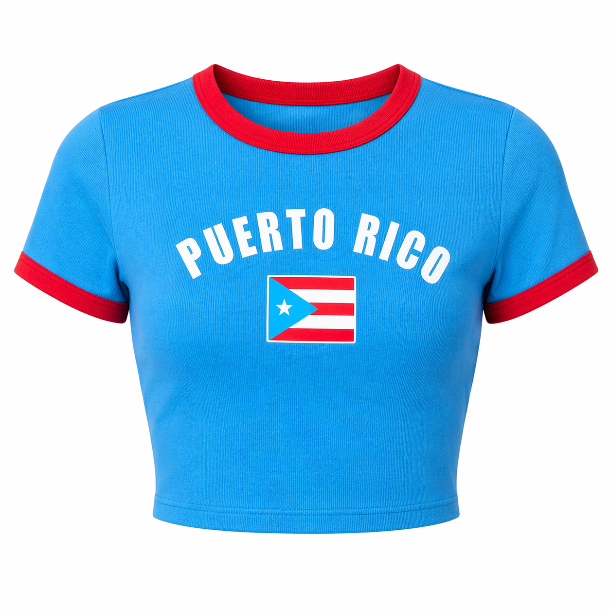 Blue crop top with red trim featuring 'Puerto Rico' text and flag on a white background