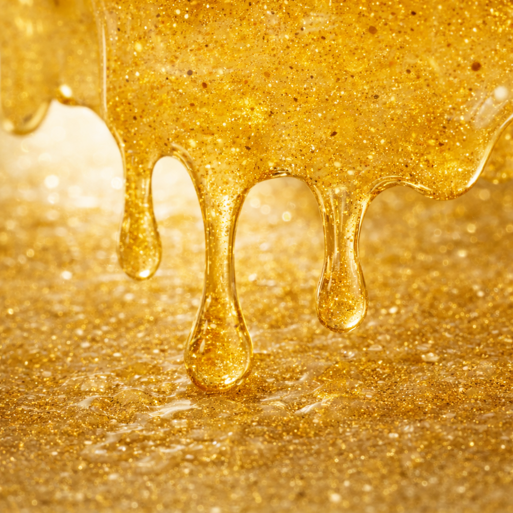 Close-up of golden body wash with drips on a textured surface