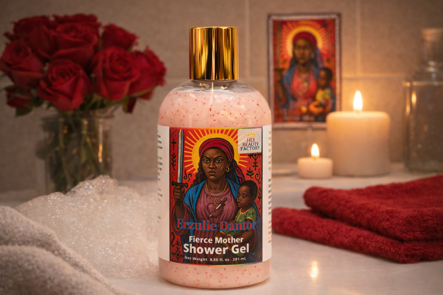 Bottle of Erzulie Dantor shower gel with decorative elements in the background