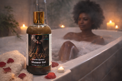 Bottle of Oya Storm Queen Shower Gel in a bathtub with a woman and candles.