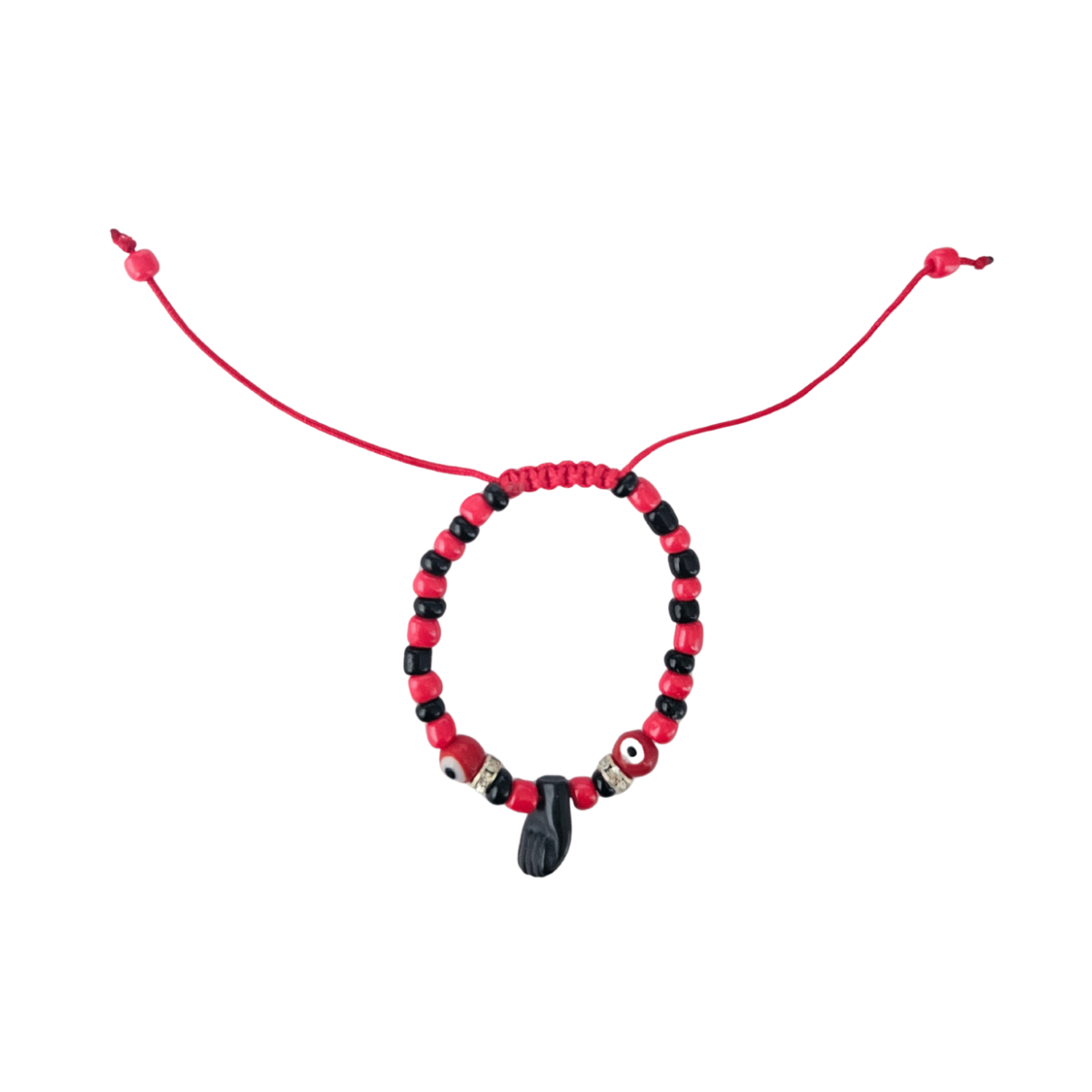 Beaded bracelet with red and black beads on a white background