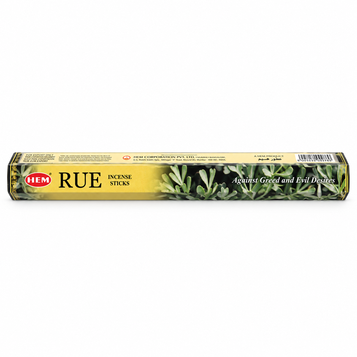 A box of HEM Rue Incense Sticks on a plain white background. The packaging is primarily yellow with green leaf illustrations and black text.