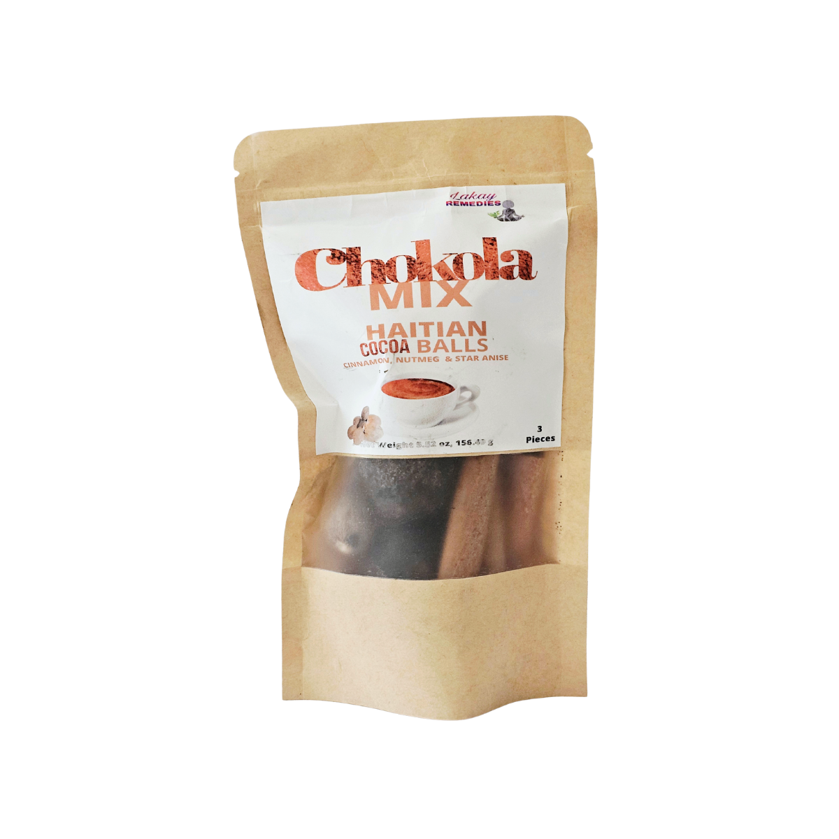 Kraft paper packaging of Chokola Mix Haitian Cocoa Balls on a white background