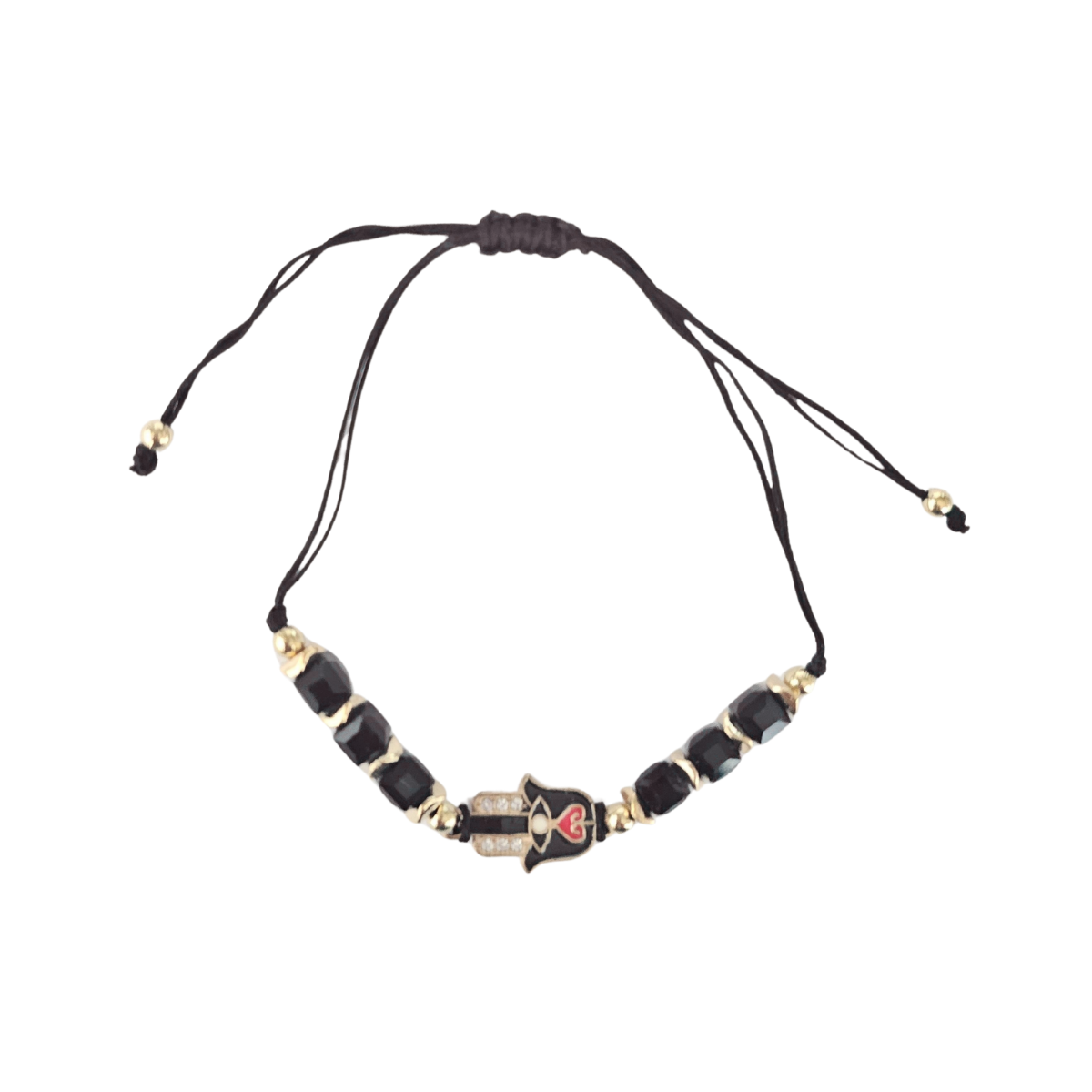 Hamsa Hand Black beaded necklace with gold accents on a white background