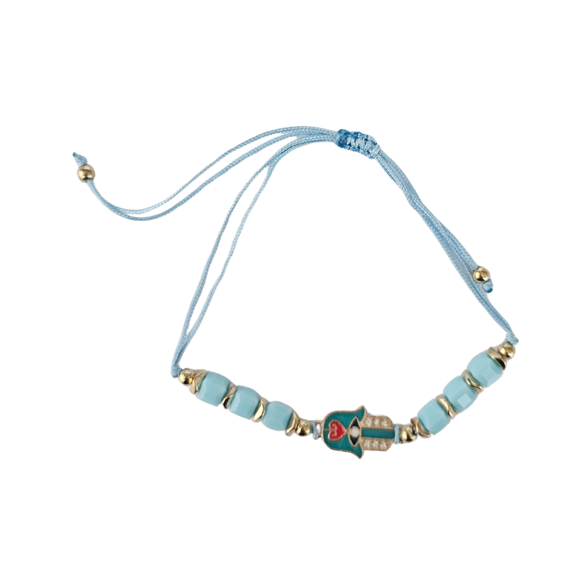 Hamsa Hand Light Blue beaded bracelet with a decorative clasp on a white background