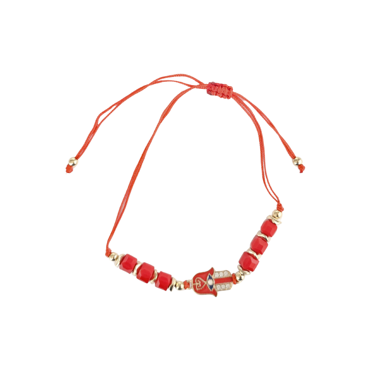 Hamsa Hand Red beaded bracelet with gold accents on a white background