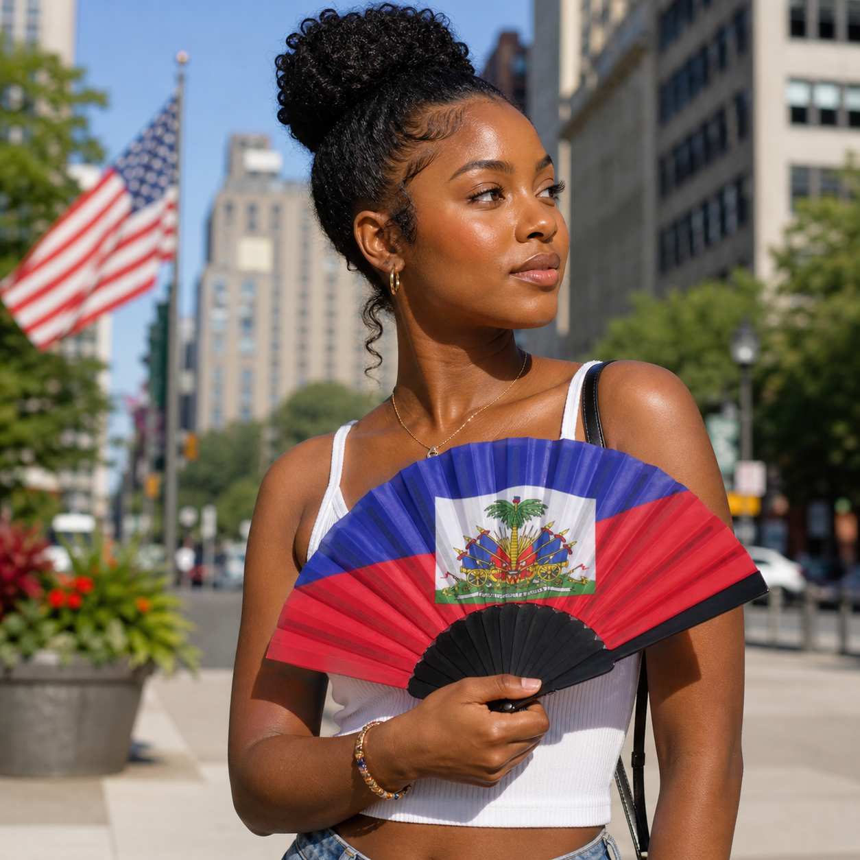 Woman Holding Haitian Flag Fan