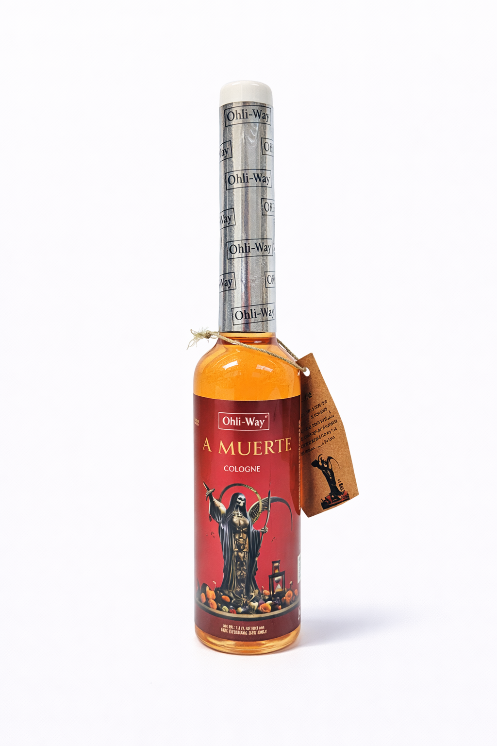 Bottle of Holy Death with a red label on a white background