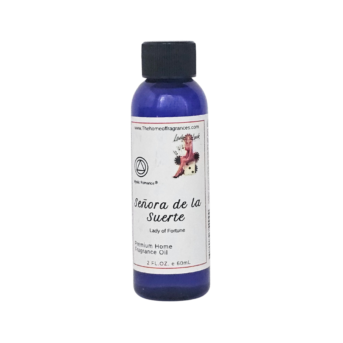 Blue bottle of 'Señora de la Suerte' fragrance oil with a black cap on a white background