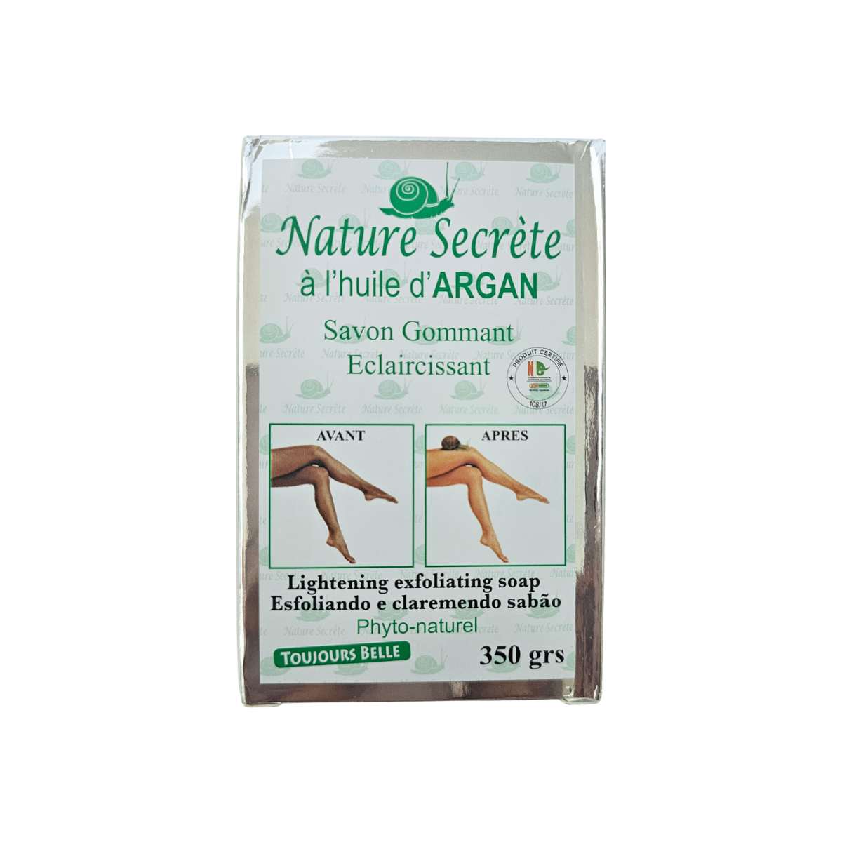 Packaging of Nature Secrète lightening exfoliating soap with images of legs before and after use on a white background.