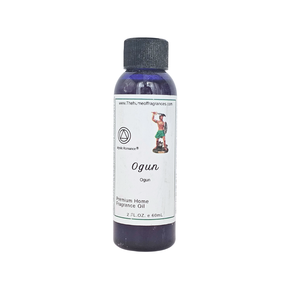 Bottle of Ogun premium home fragrance oil with a white label on a white background