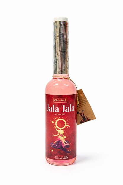 Bottle of Jala Jala cologne with a colorful label on a white background