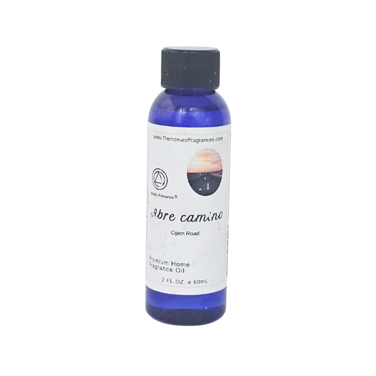 Bottle of Abre Camino fragrance oil with a white label on a white background