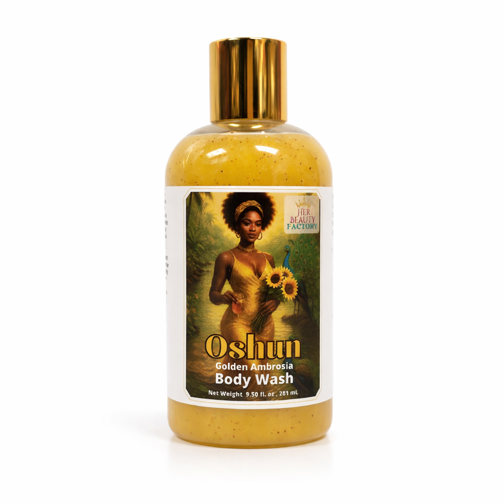 Oshun Golden Ambrosia body wash bottle with a gold cap on a white background