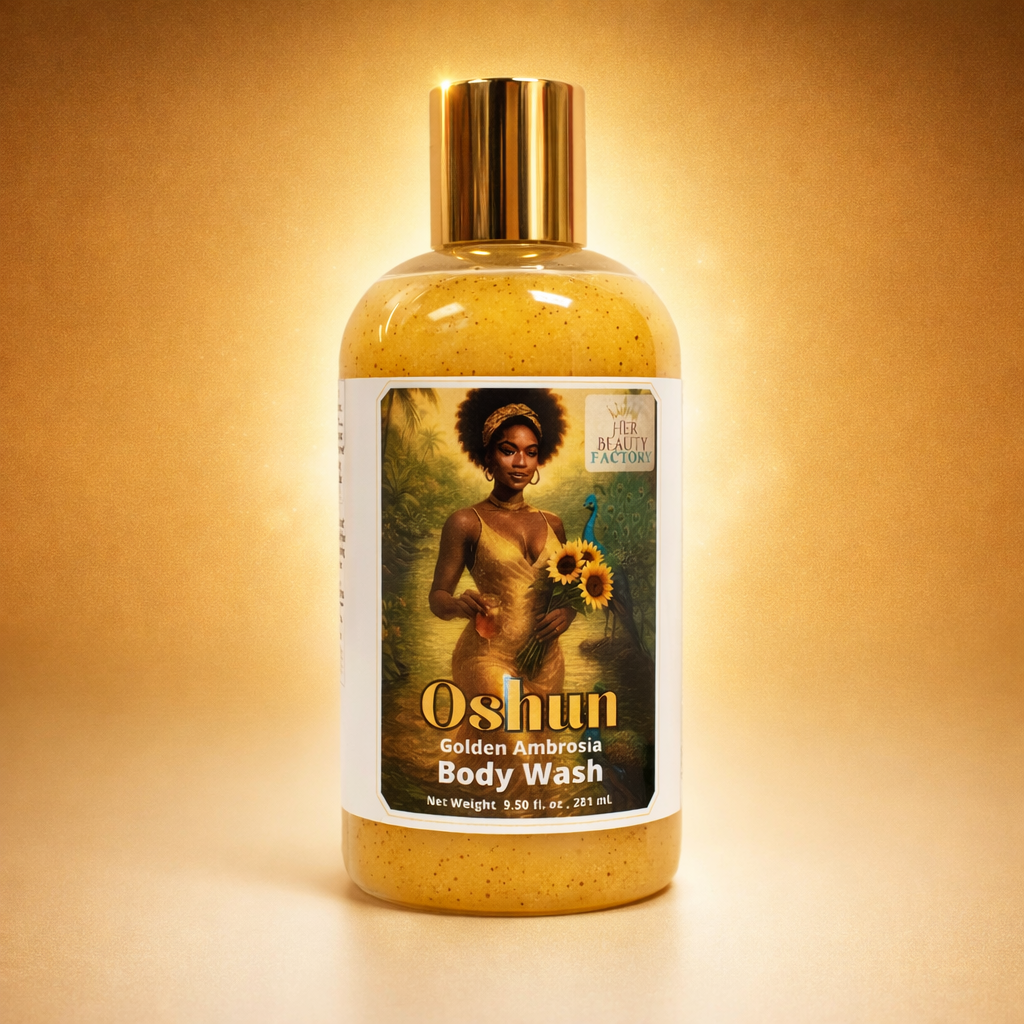 Oshun Golden Ambrosia body wash bottle on a gold background
