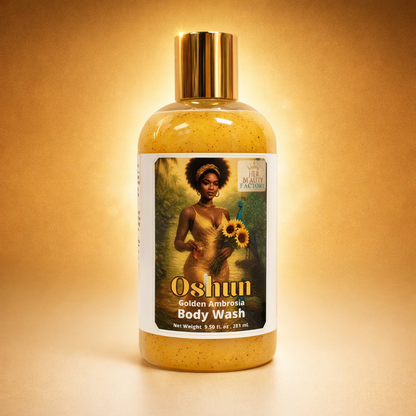 Oshun Golden Ambrosia body wash bottle on a gold background