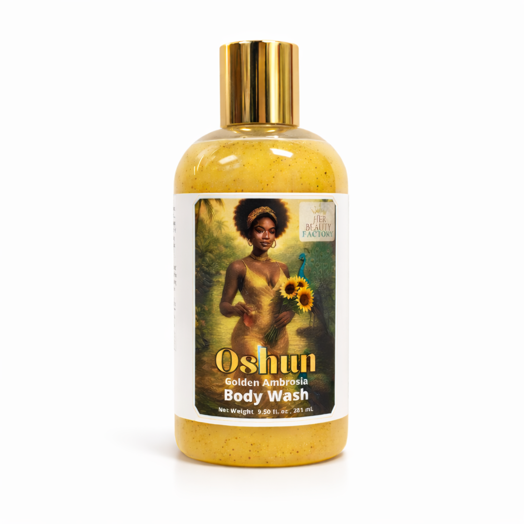 Oshun Golden Ambrosia body wash bottle with a gold cap on a white background