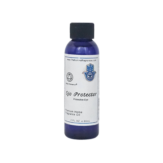Bottle of 'Ojo Protector' fragrance oil with a white label on a white background