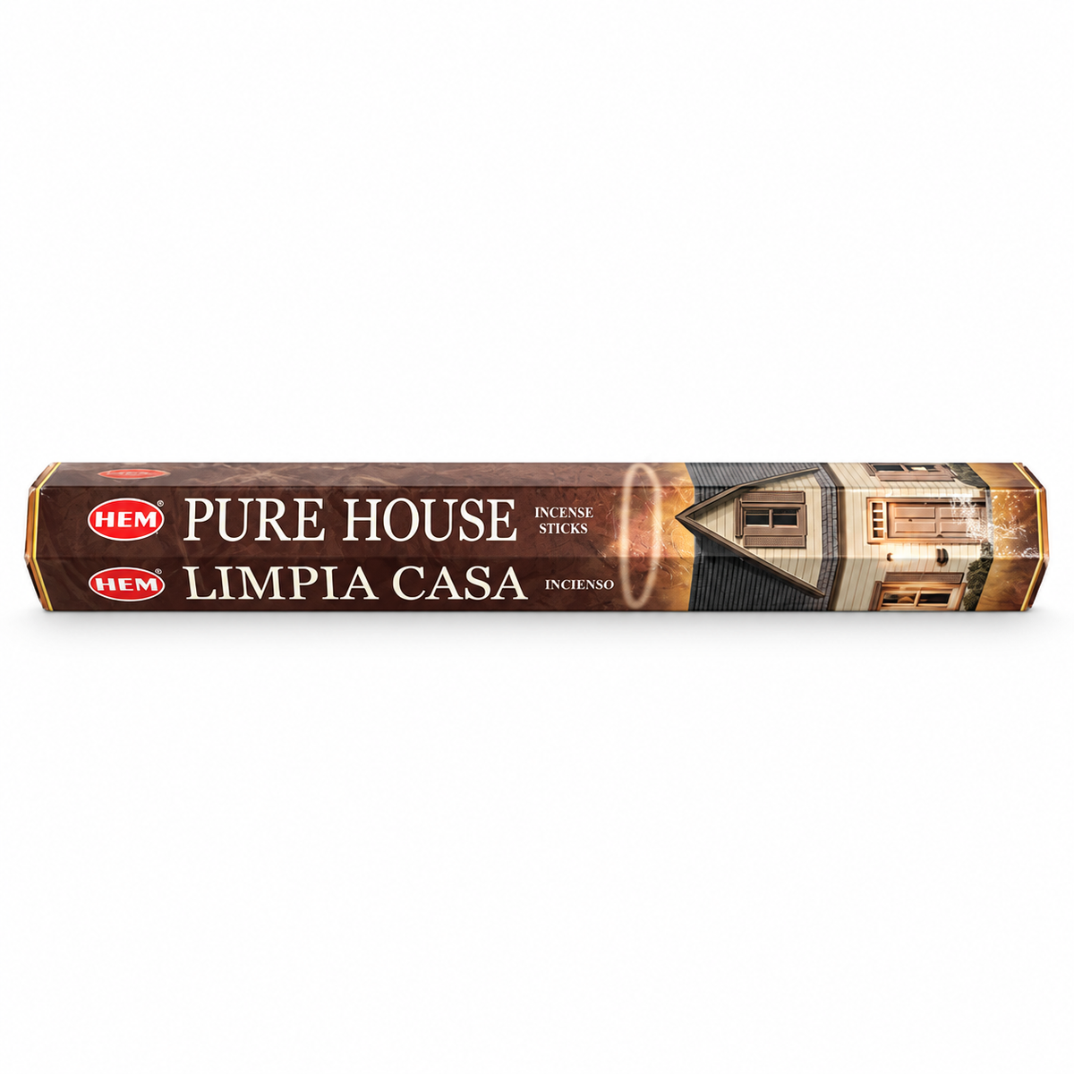 A long, narrow box of HEM Pure House Incens Sticks (Limpia Casa) on a plain white background.