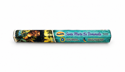 Govinda Santa Marta La Dominada incense sticks in a cylindrical cardboard tube with a teal and yellow label, shown on a plain white background.
