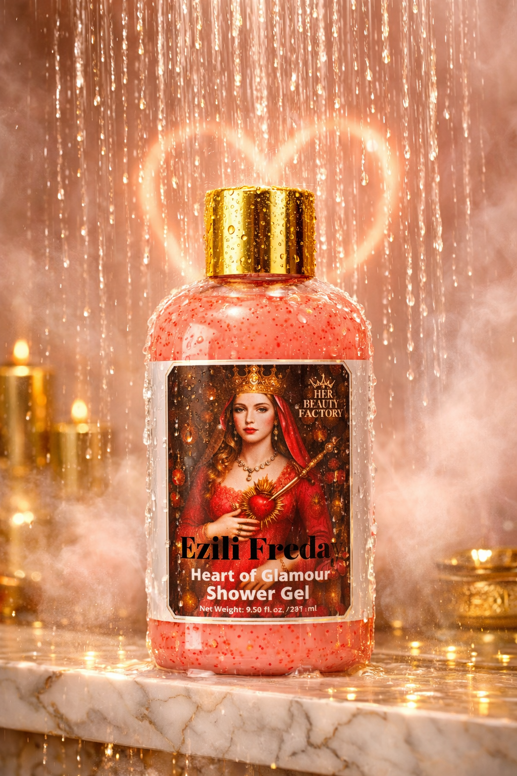 Shower gel bottle with decorative label on a marble surface with candles and heart lights in the background