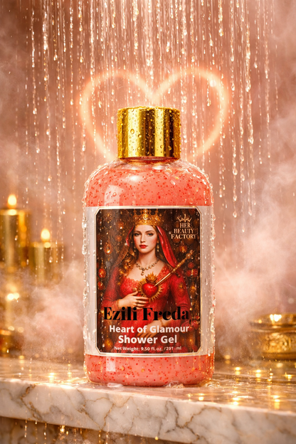 Shower gel bottle with decorative label on a marble surface with candles and heart lights in the background
