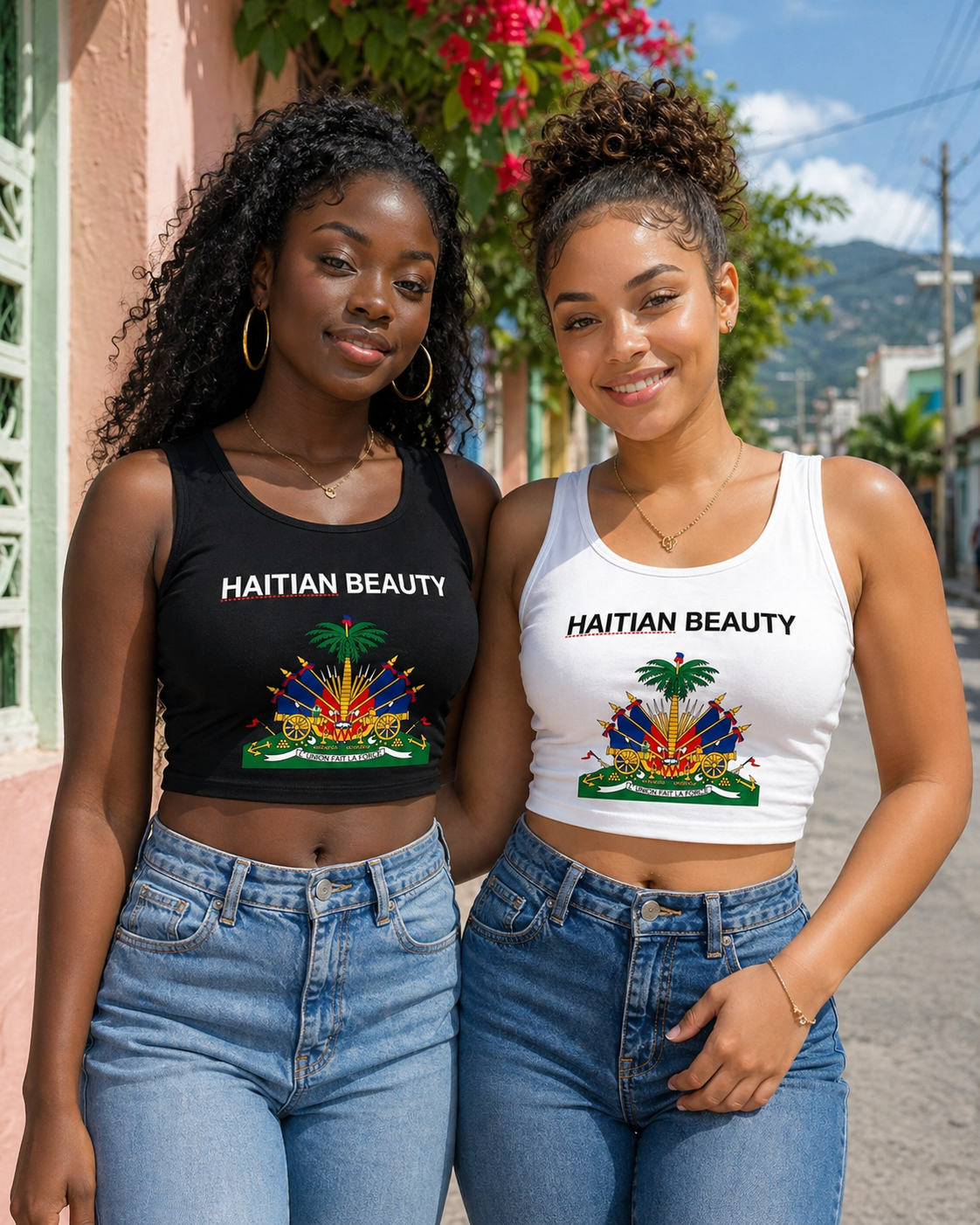 Two Haitian women posing outdoors in matching Haitian Beauty crop tops, one wearing a black tank and the other wearing a white tank, paired with blue jeans on a sunny Caribbean-style street.