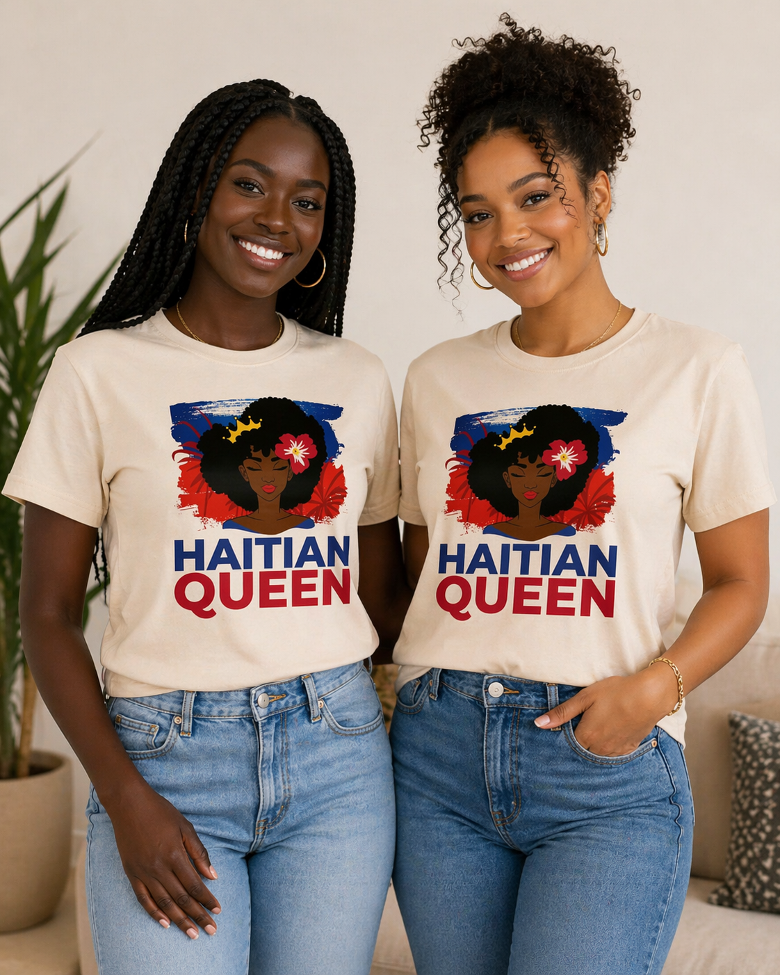 Two women wearing 'Haitian Queen' t-shirts in a casual setting.