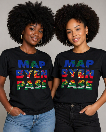 Two women wearing black t-shirts with colorful text and patterns.
