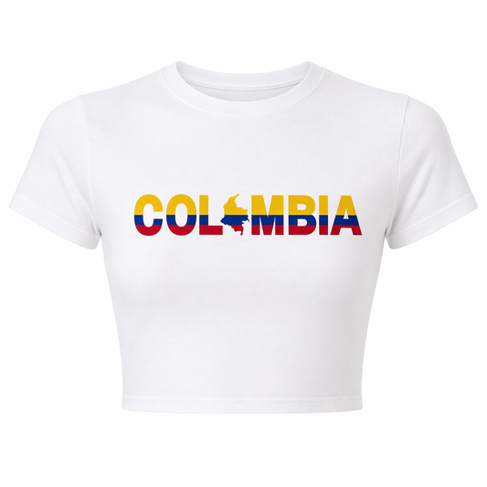 White crop top with 'Columbia' in colorful letters on a white background