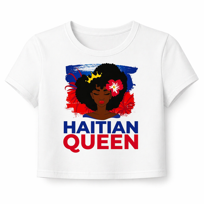 White crop top with 'Haitian Queen' graphic design featuring a woman with flowers in her hair on a white background.